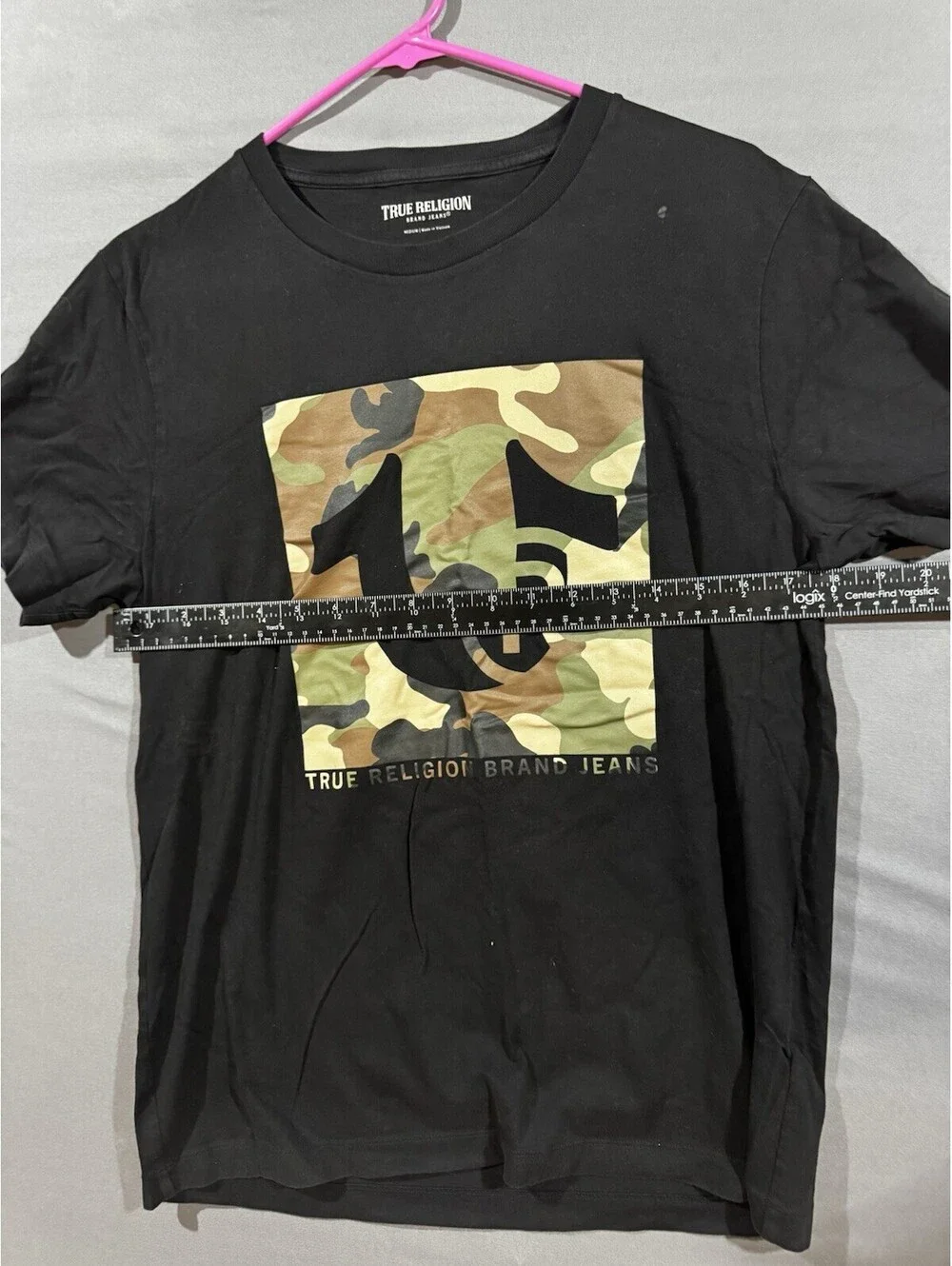 True Religion Mens Size M Black Short Sleeve Camo Box Logo Graphic T-Shirt